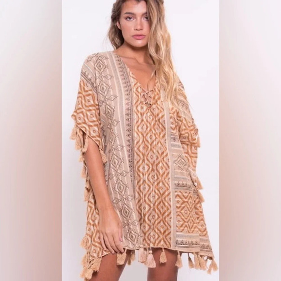 Z&L Europe Coverup Boho tassel trim neck tie 100% cotton beige size M - Picture 1 of 7